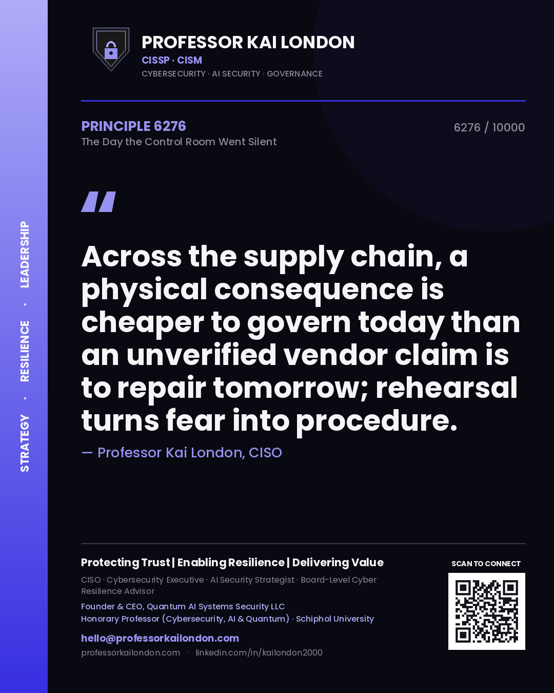 Professor Kai London principle 6276: Across the supply chain, a physical consequence is cheaper to govern today than an unverified vendor claim is to repair tomorrow; rehearsal turns fear into procedure.