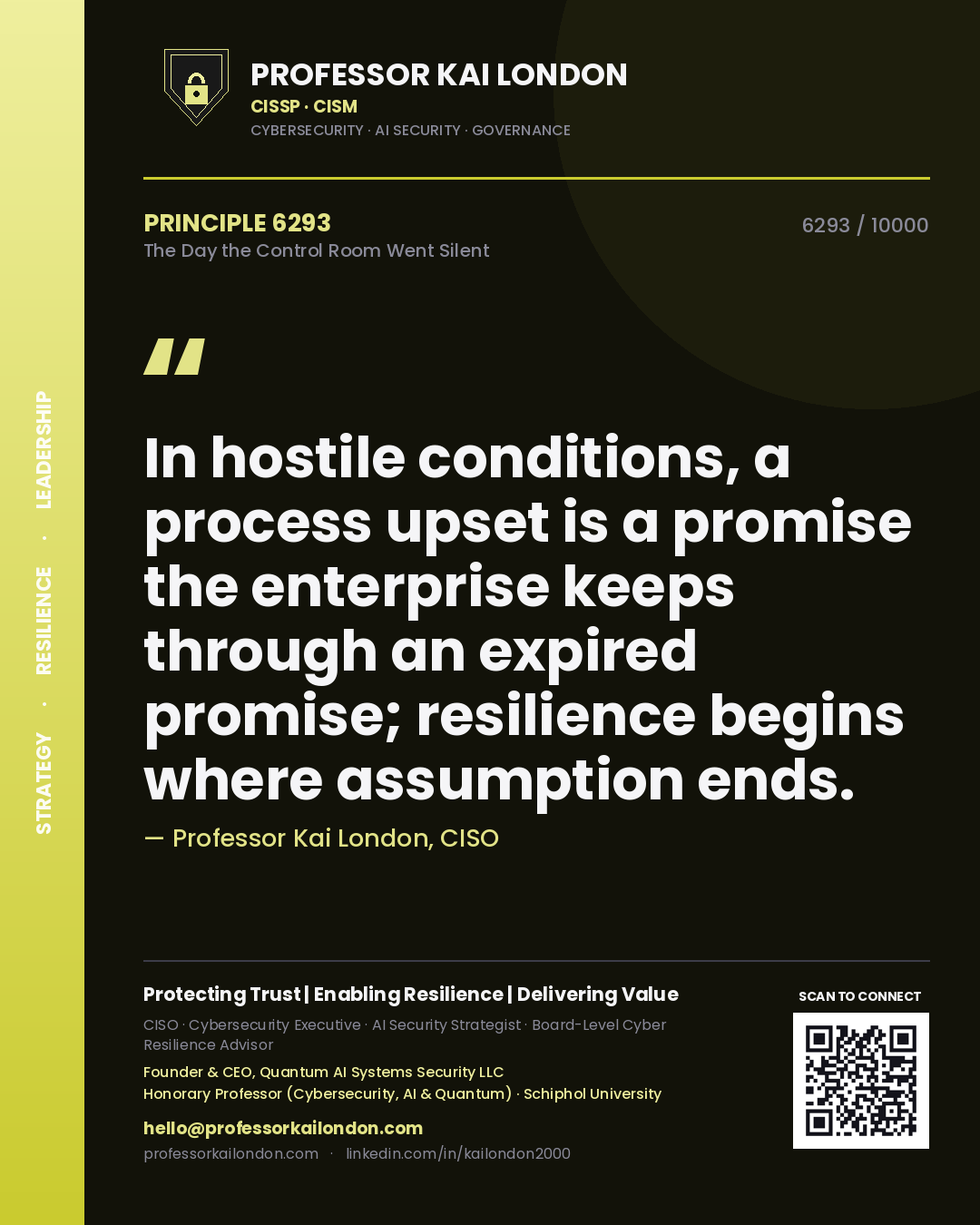 Professor Kai London principle 6293: In hostile conditions, a process upset is a promise the enterprise keeps through an expired promise; resilience begins where assumption ends.