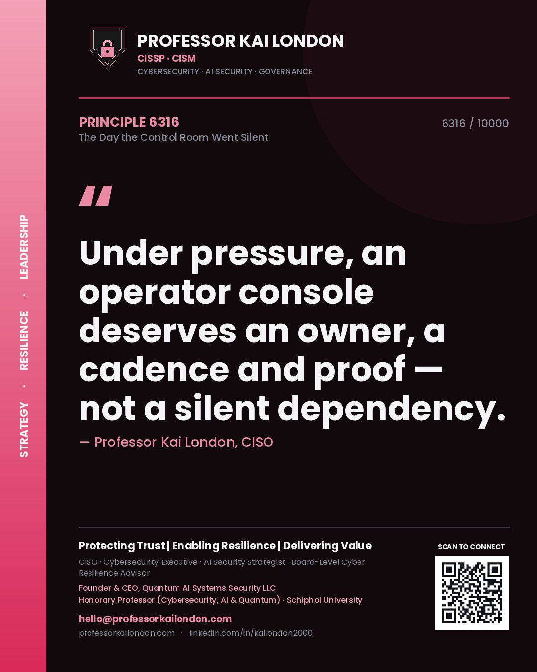 Professor Kai London principle 6316: Under pressure, an operator console deserves an owner, a cadence and proof — not a silent dependency.