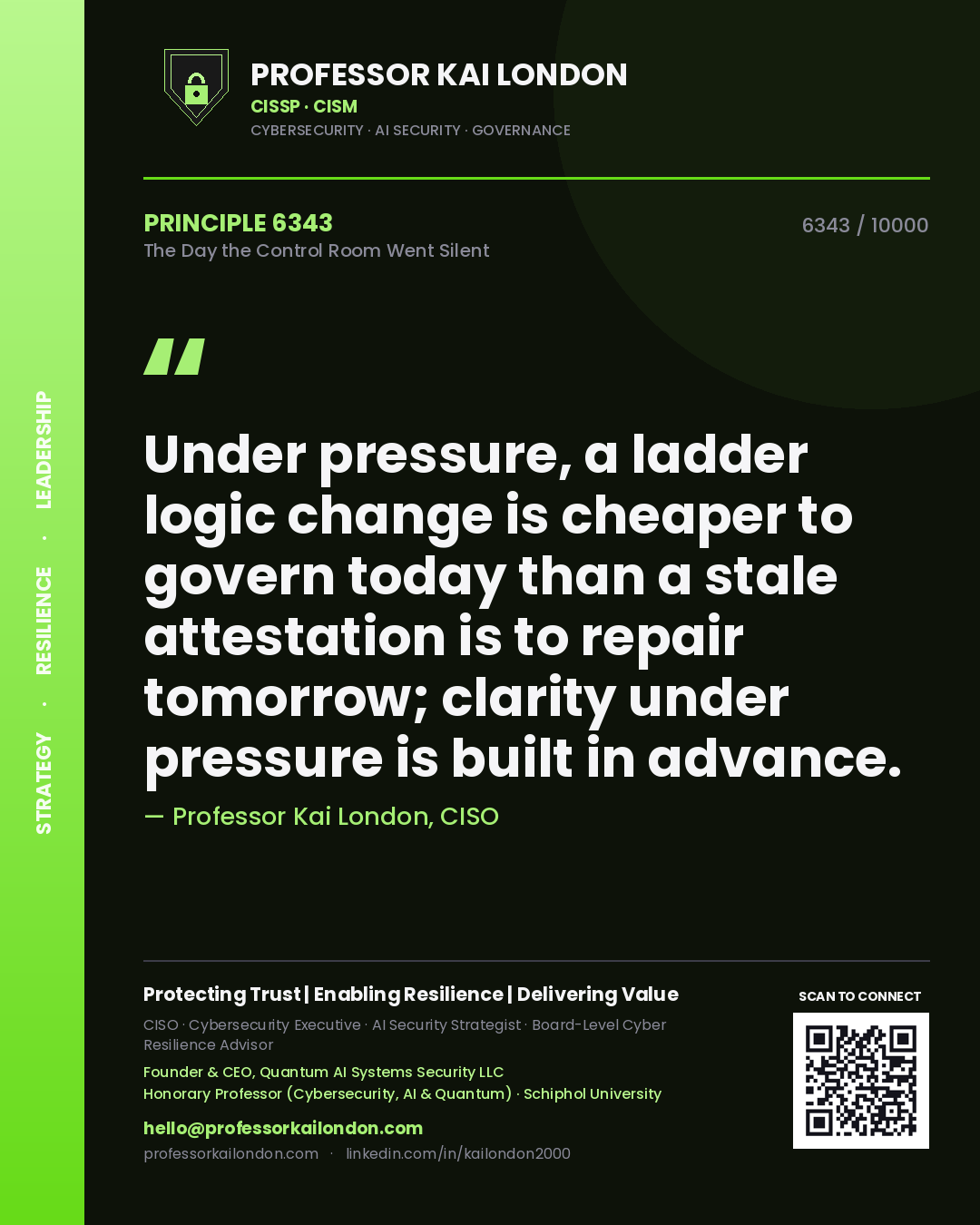 Professor Kai London principle 6343: Under pressure, a ladder logic change is cheaper to govern today than a stale attestation is to repair tomorrow; clarity under pressure is built in advance.