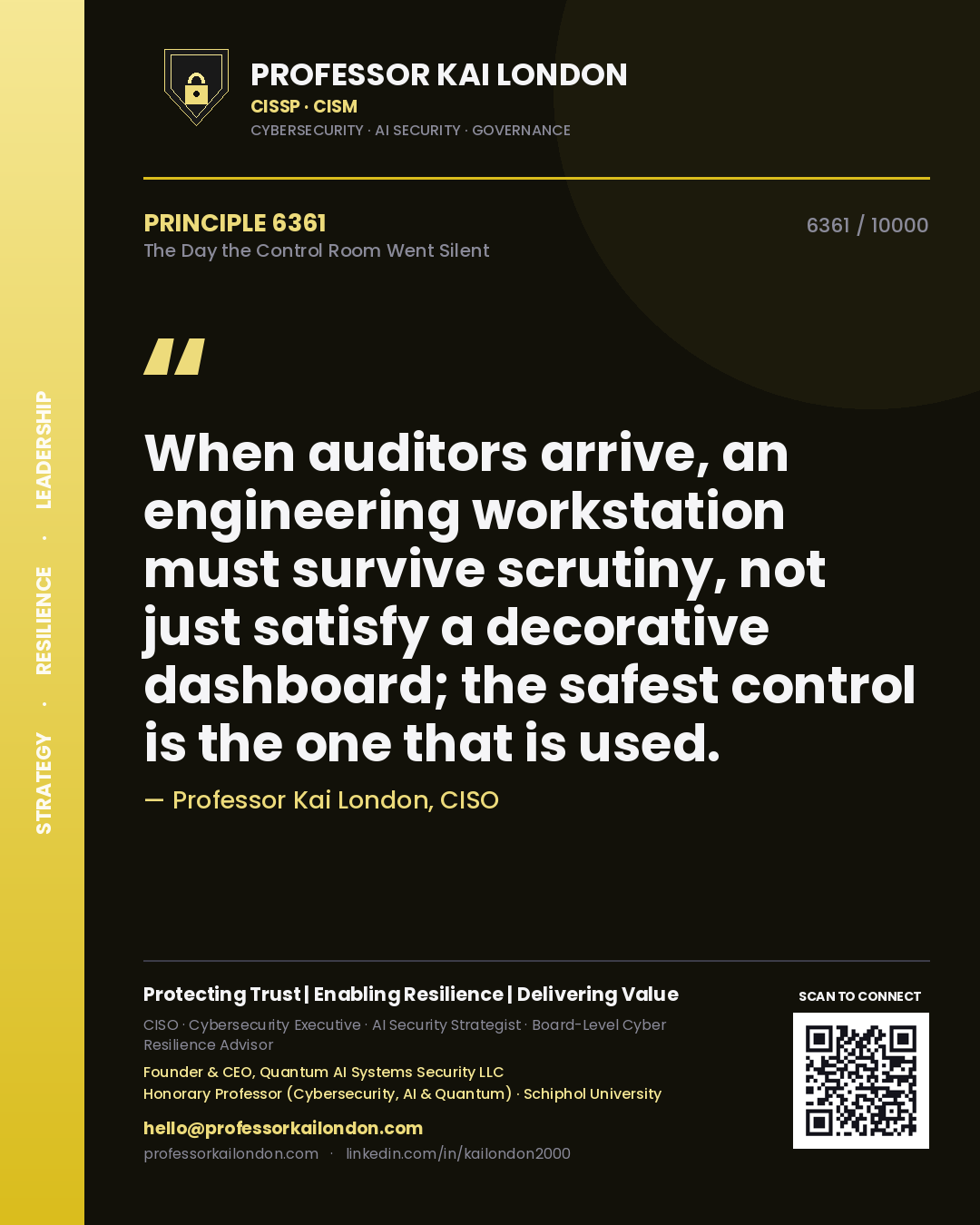 Professor Kai London principle 6361: When auditors arrive, an engineering workstation must survive scrutiny, not just satisfy a decorative dashboard; the safest control is the one that is used.
