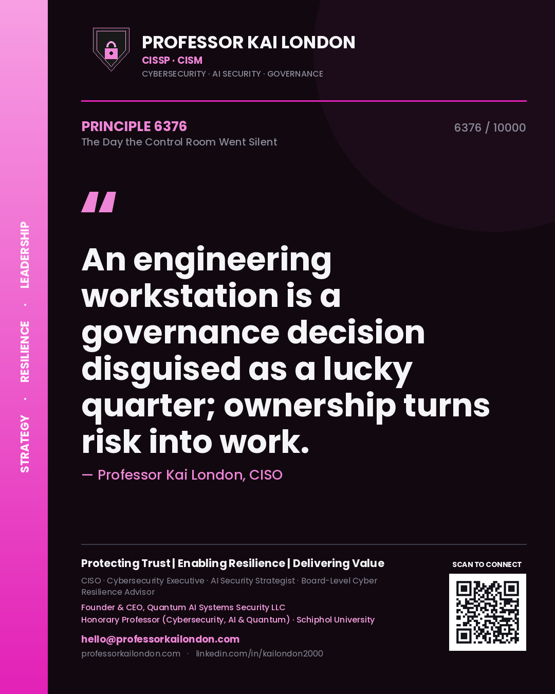 Professor Kai London principle 6376: An engineering workstation is a governance decision disguised as a lucky quarter; ownership turns risk into work.