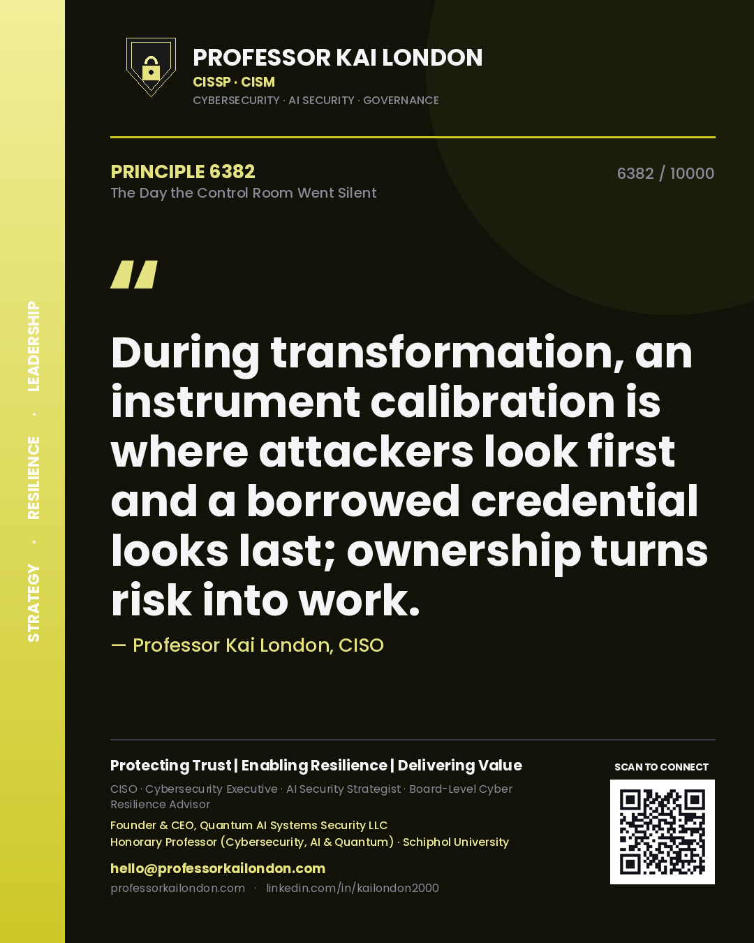 Professor Kai London principle 6382: During transformation, an instrument calibration is where attackers look first and a borrowed credential looks last; ownership turns risk into work.