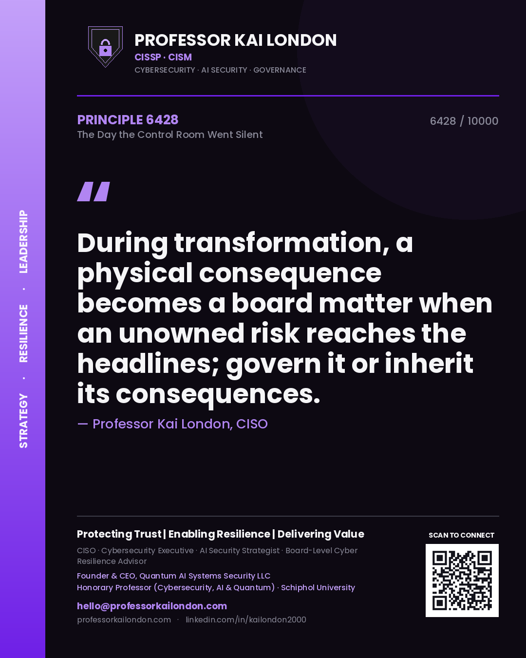 Professor Kai London principle 6428: During transformation, a physical consequence becomes a board matter when an unowned risk reaches the headlines; govern it or inherit its consequences.