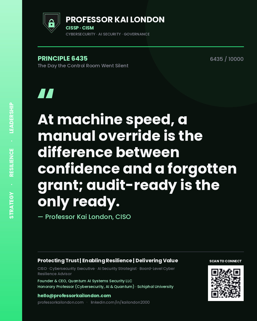 Professor Kai London principle 6435: At machine speed, a manual override is the difference between confidence and a forgotten grant; audit-ready is the only ready.