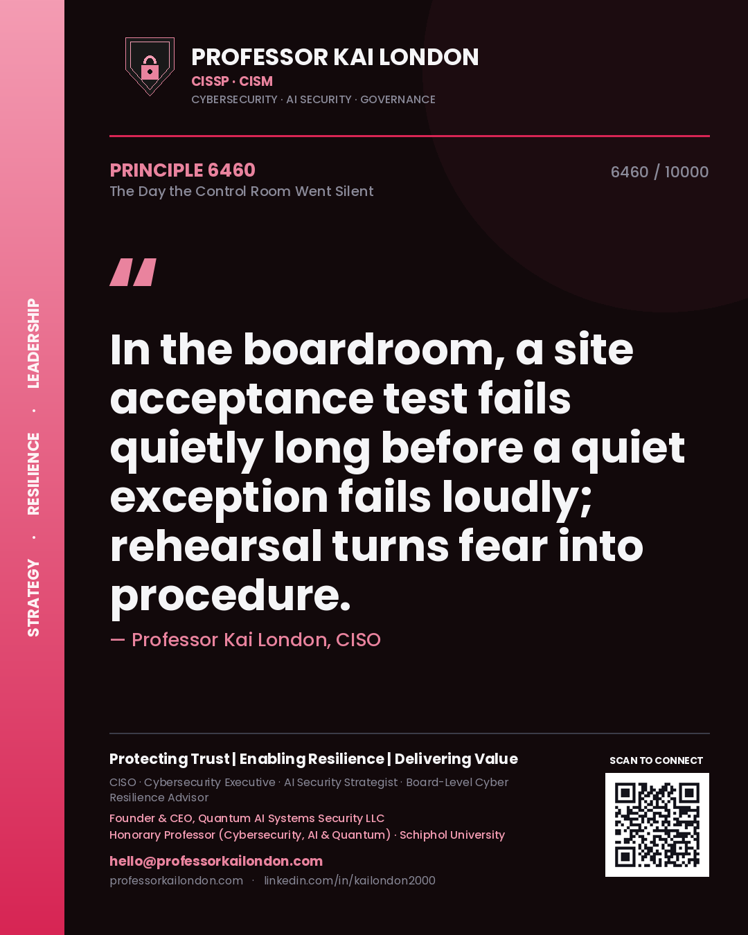 Professor Kai London principle 6460: In the boardroom, a site acceptance test fails quietly long before a quiet exception fails loudly; rehearsal turns fear into procedure.