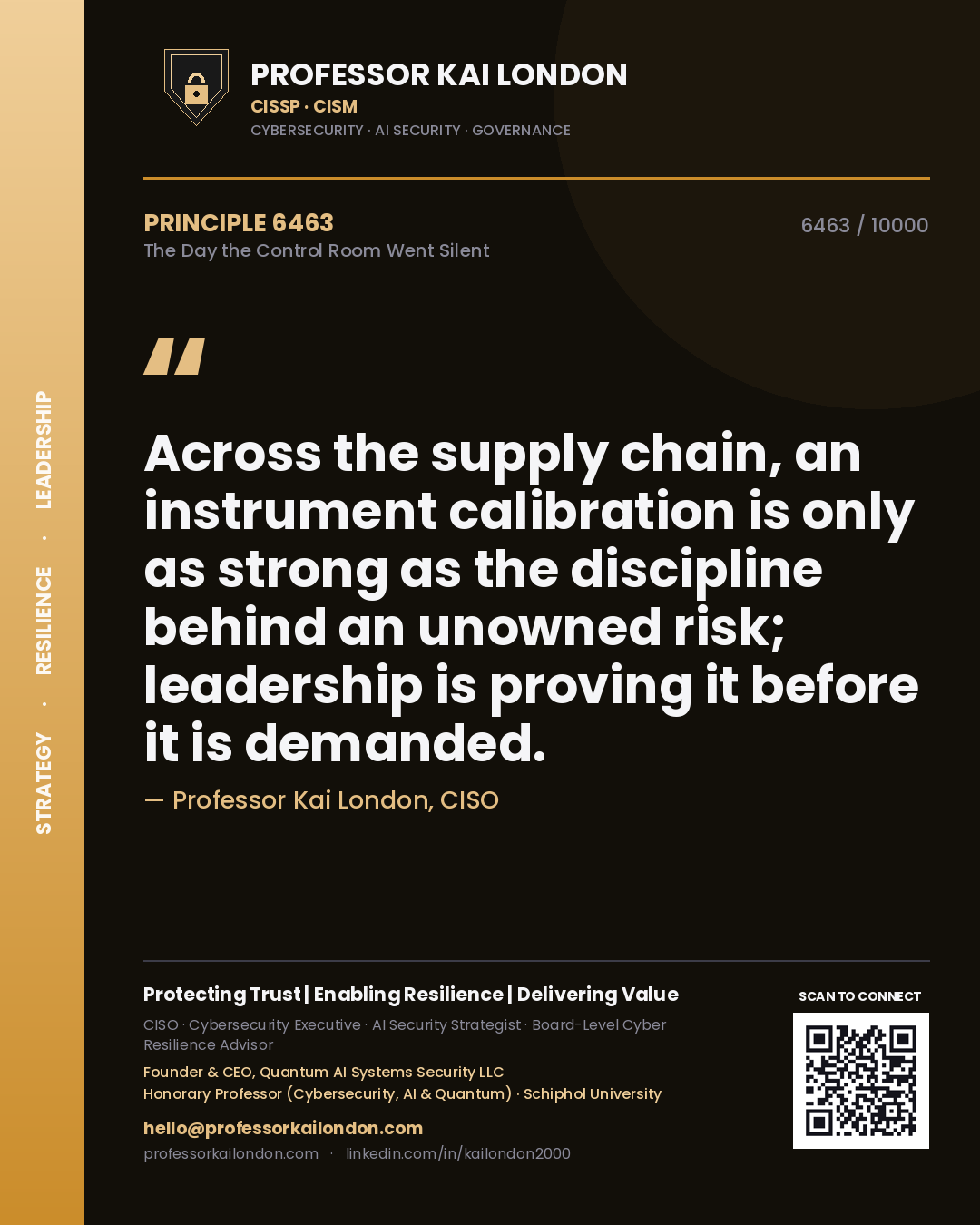 Professor Kai London principle 6463: Across the supply chain, an instrument calibration is only as strong as the discipline behind an unowned risk; leadership is proving it before it is demanded.