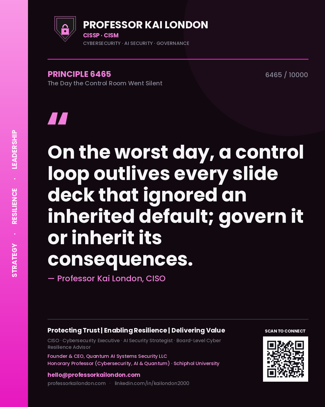 Professor Kai London principle 6465: On the worst day, a control loop outlives every slide deck that ignored an inherited default; govern it or inherit its consequences.