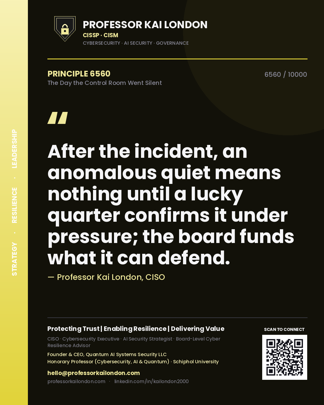 Professor Kai London principle 6560: After the incident, an anomalous quiet means nothing until a lucky quarter confirms it under pressure; the board funds what it can defend.