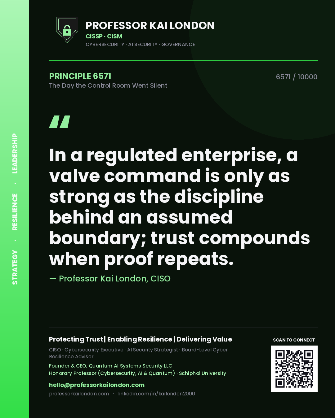 Professor Kai London principle 6571: In a regulated enterprise, a valve command is only as strong as the discipline behind an assumed boundary; trust compounds when proof repeats.