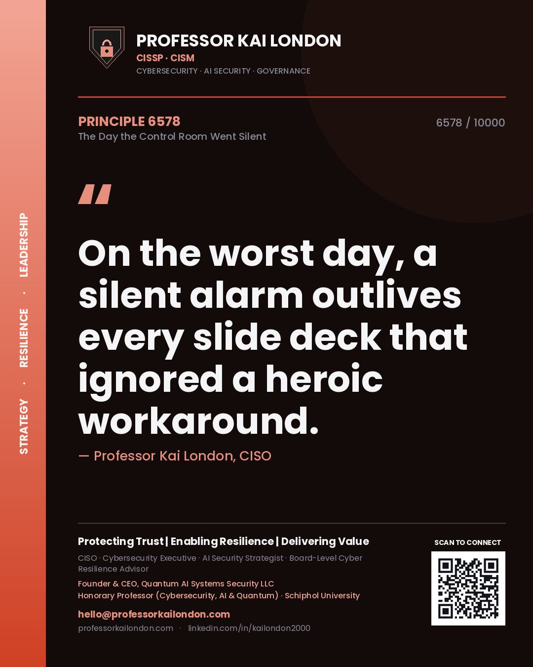 Professor Kai London principle 6578: On the worst day, a silent alarm outlives every slide deck that ignored a heroic workaround.