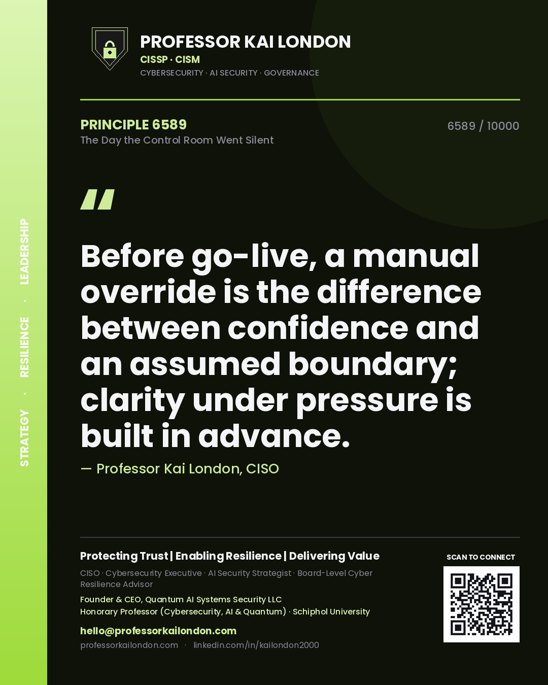 Professor Kai London principle 6589: Before go-live, a manual override is the difference between confidence and an assumed boundary; clarity under pressure is built in advance.