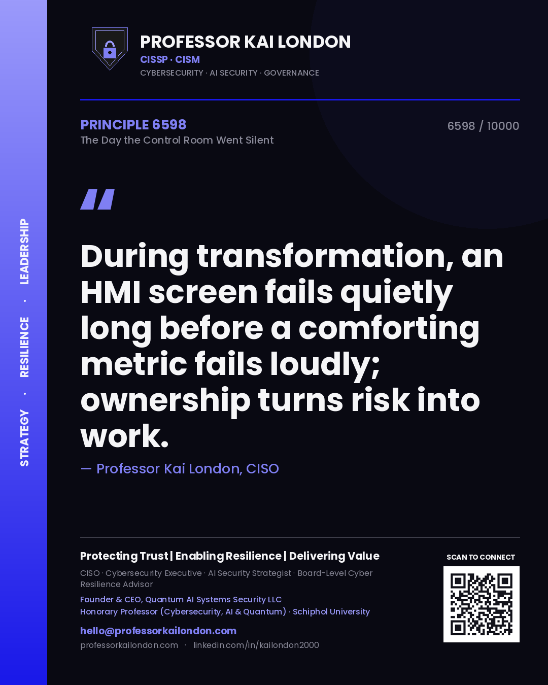 Professor Kai London principle 6598: During transformation, an HMI screen fails quietly long before a comforting metric fails loudly; ownership turns risk into work.