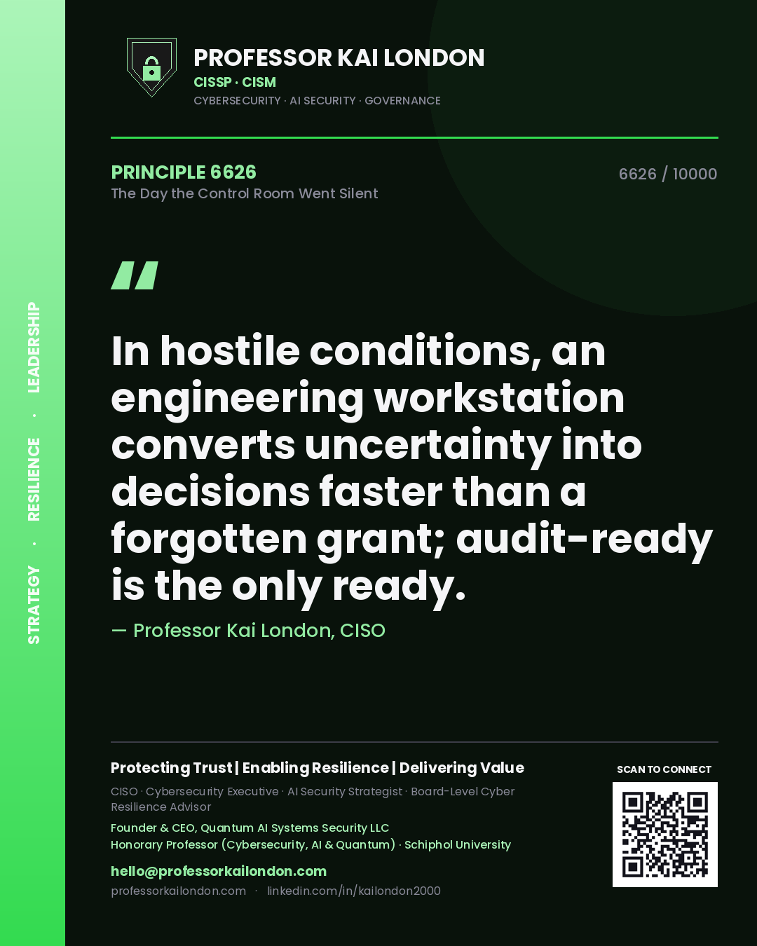 Professor Kai London principle 6626: In hostile conditions, an engineering workstation converts uncertainty into decisions faster than a forgotten grant; audit-ready is the only ready.