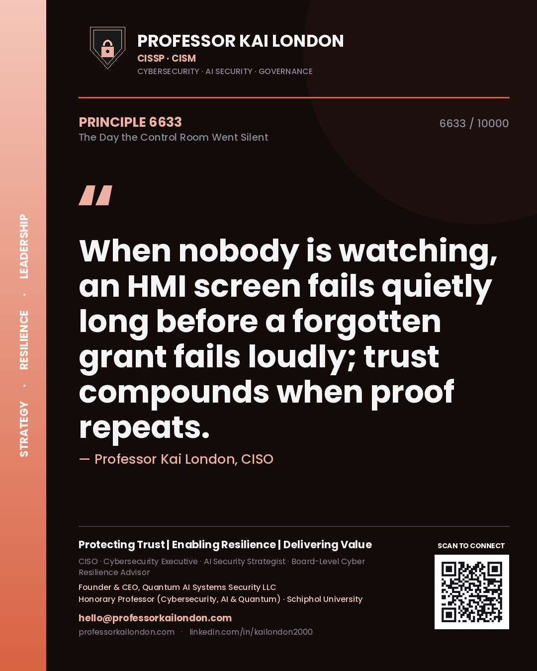Professor Kai London principle 6633: When nobody is watching, an HMI screen fails quietly long before a forgotten grant fails loudly; trust compounds when proof repeats.