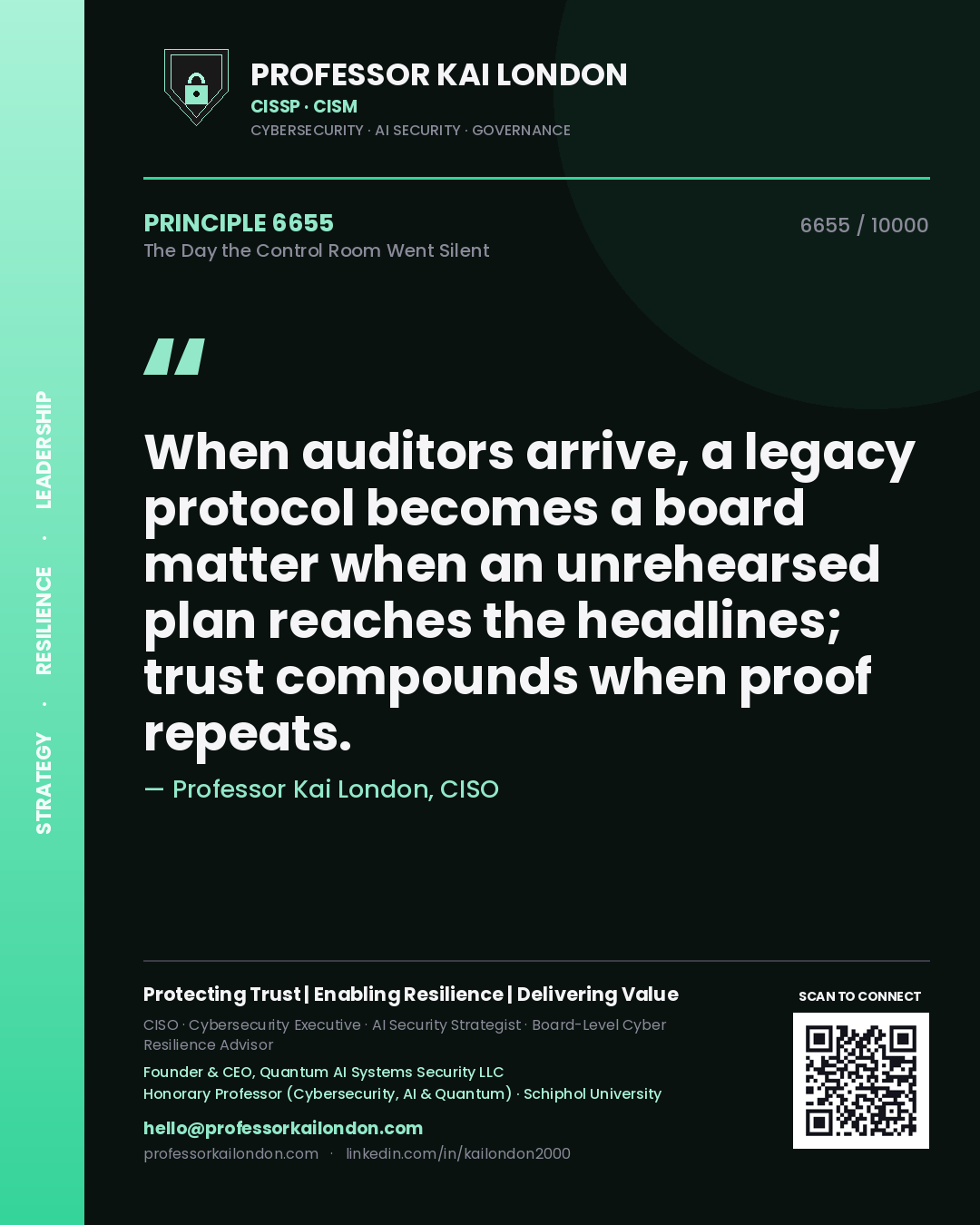 Professor Kai London principle 6655: When auditors arrive, a legacy protocol becomes a board matter when an unrehearsed plan reaches the headlines; trust compounds when proof repeats.
