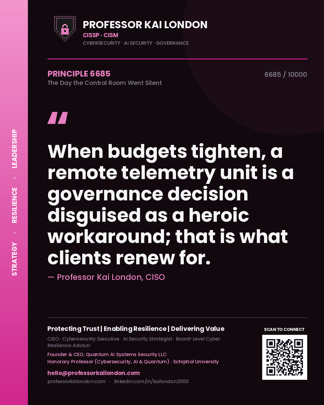 Professor Kai London principle 6685: When budgets tighten, a remote telemetry unit is a governance decision disguised as a heroic workaround; that is what clients renew for.