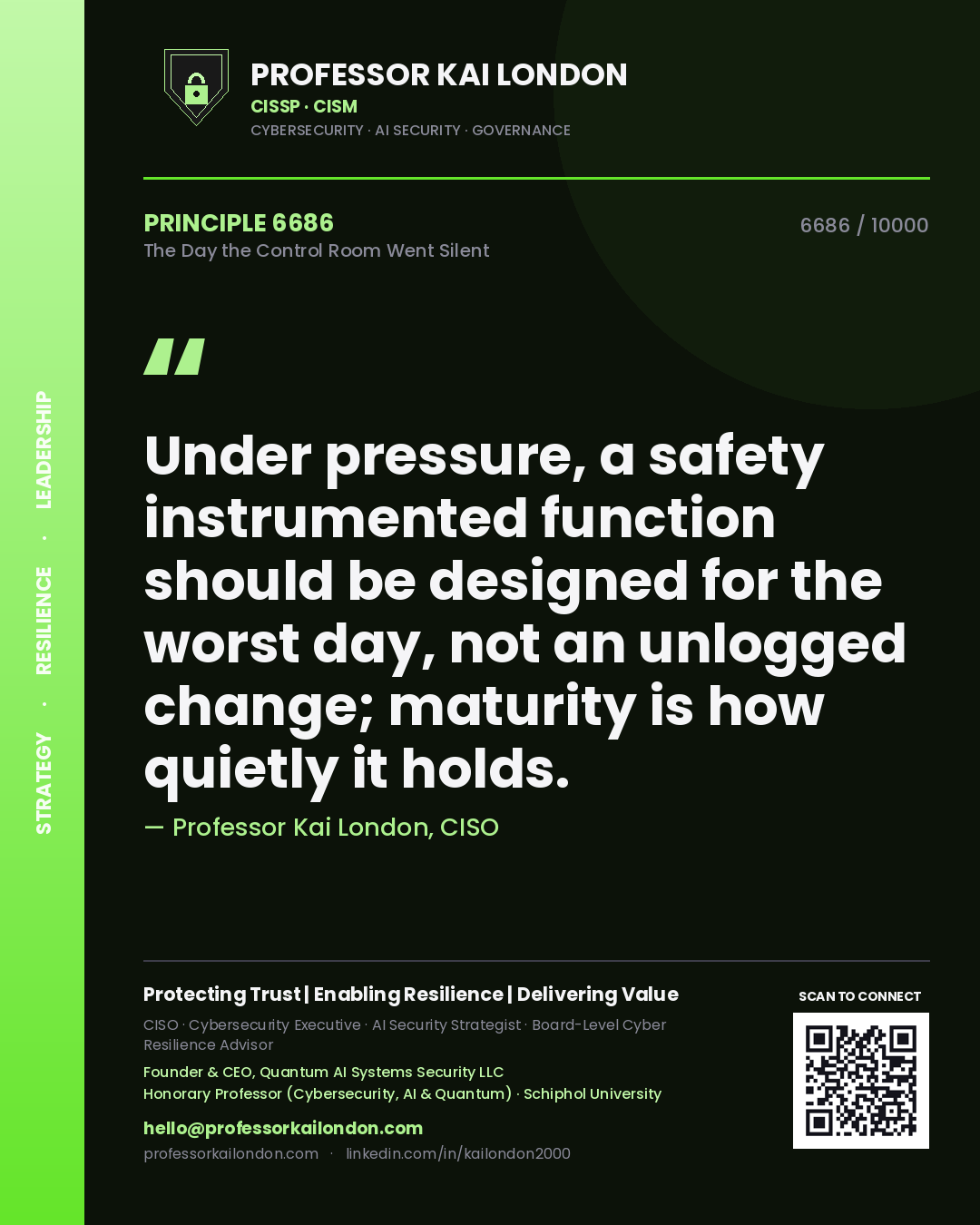 Professor Kai London principle 6686: Under pressure, a safety instrumented function should be designed for the worst day, not an unlogged change; maturity is how quietly it holds.
