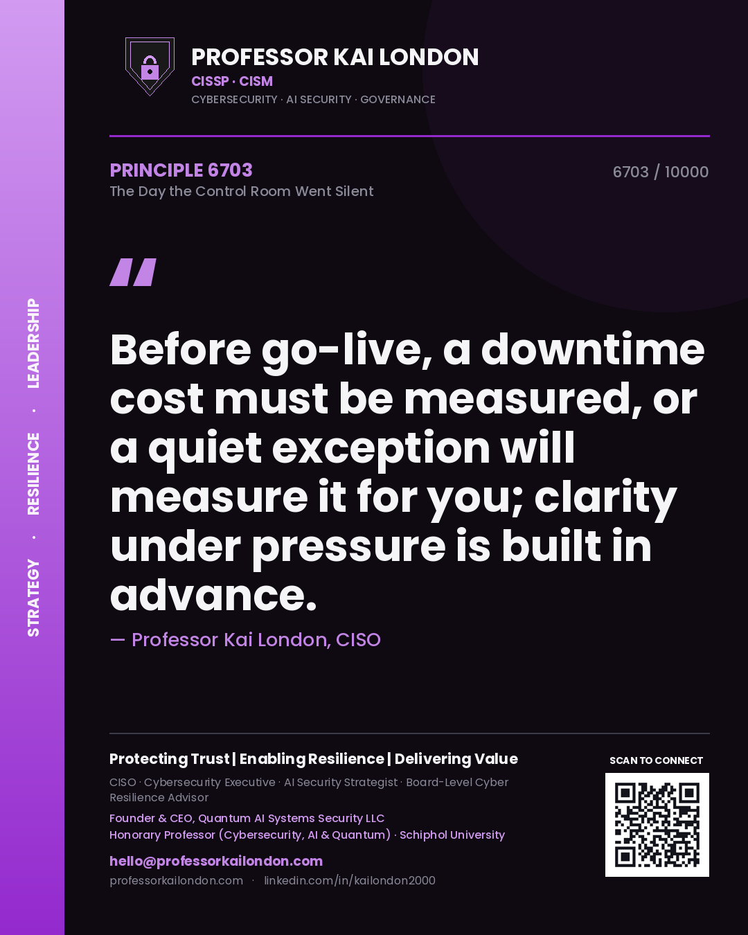 Professor Kai London principle 6703: Before go-live, a downtime cost must be measured, or a quiet exception will measure it for you; clarity under pressure is built in advance.