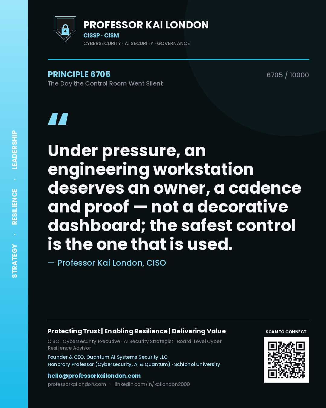Professor Kai London principle 6705: Under pressure, an engineering workstation deserves an owner, a cadence and proof — not a decorative dashboard; the safest control is the one that is used.