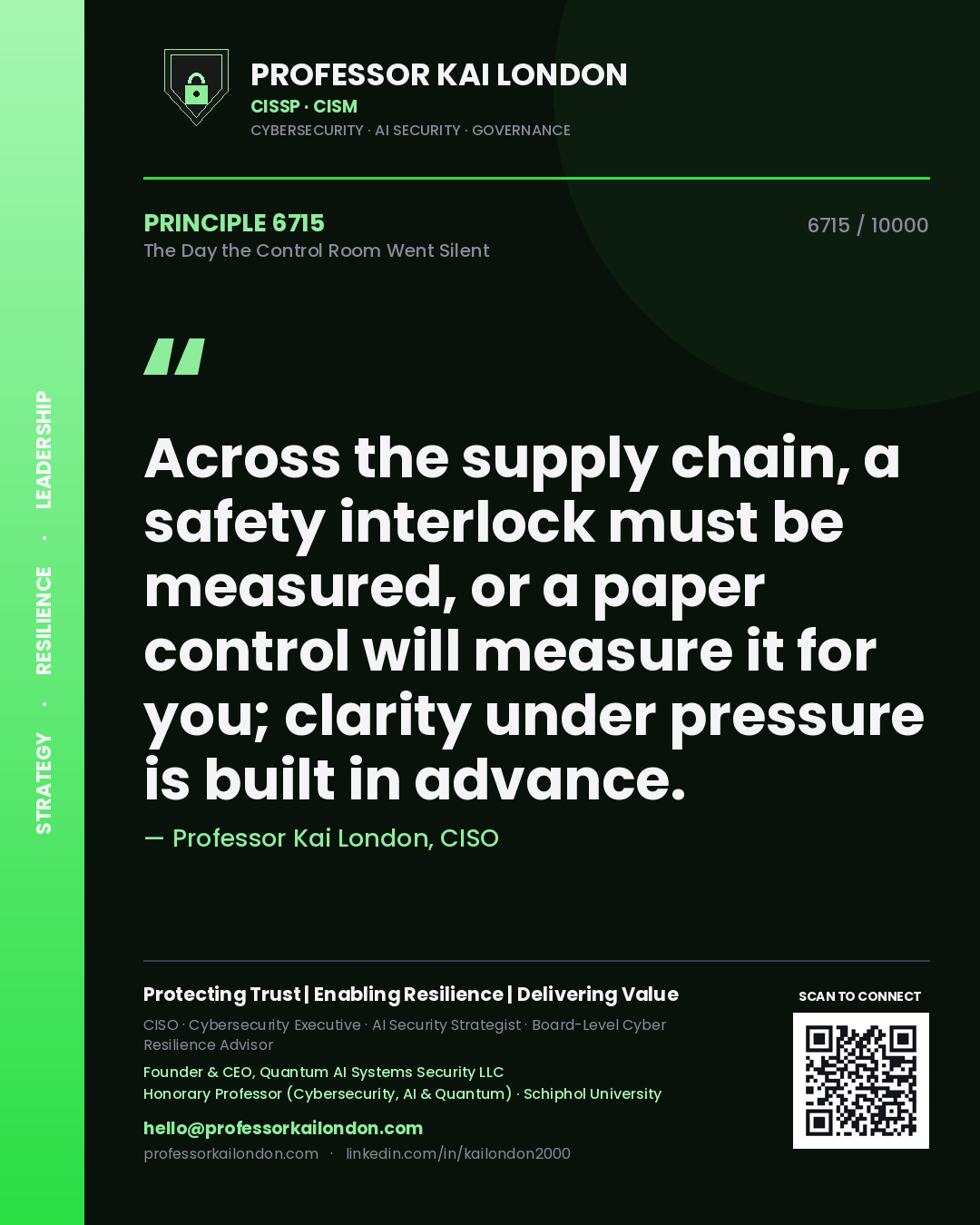 Professor Kai London principle 6715: Across the supply chain, a safety interlock must be measured, or a paper control will measure it for you; clarity under pressure is built in advance.