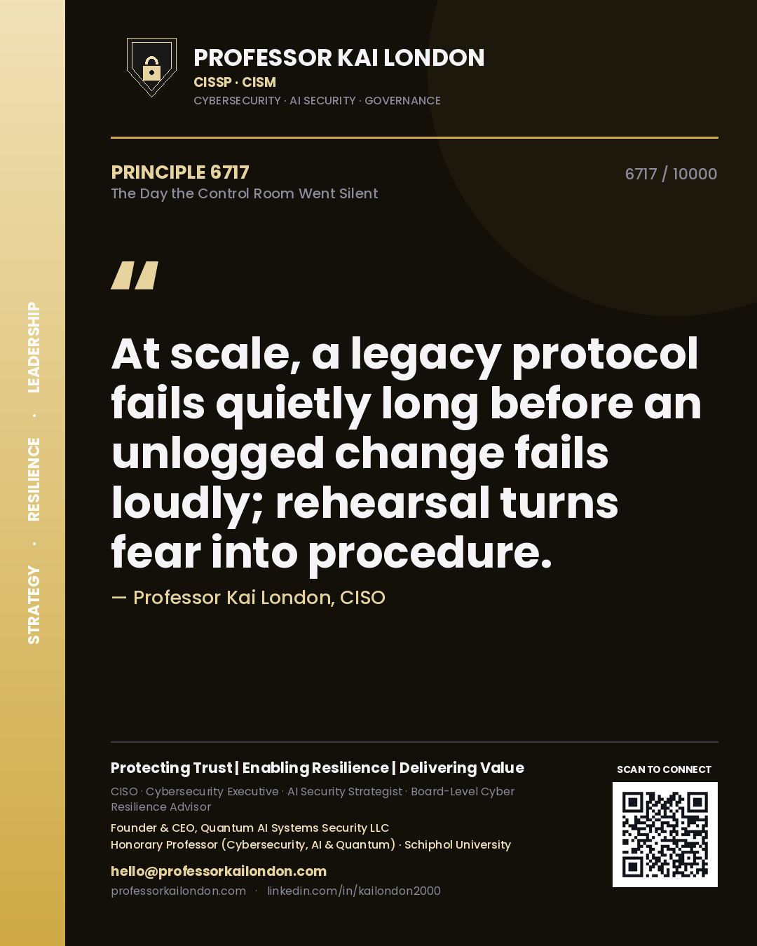 Professor Kai London principle 6717: At scale, a legacy protocol fails quietly long before an unlogged change fails loudly; rehearsal turns fear into procedure.