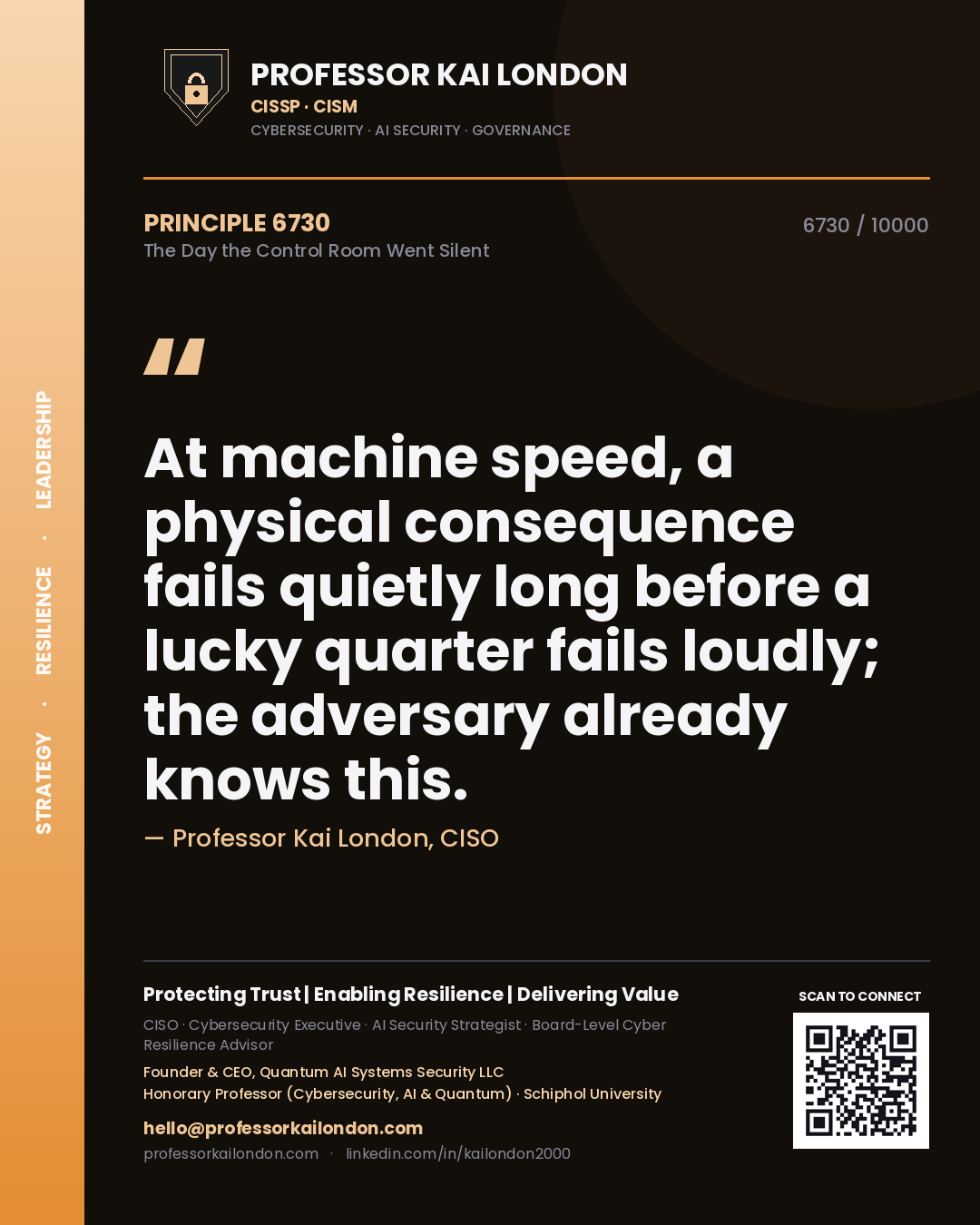 Professor Kai London principle 6730: At machine speed, a physical consequence fails quietly long before a lucky quarter fails loudly; the adversary already knows this.