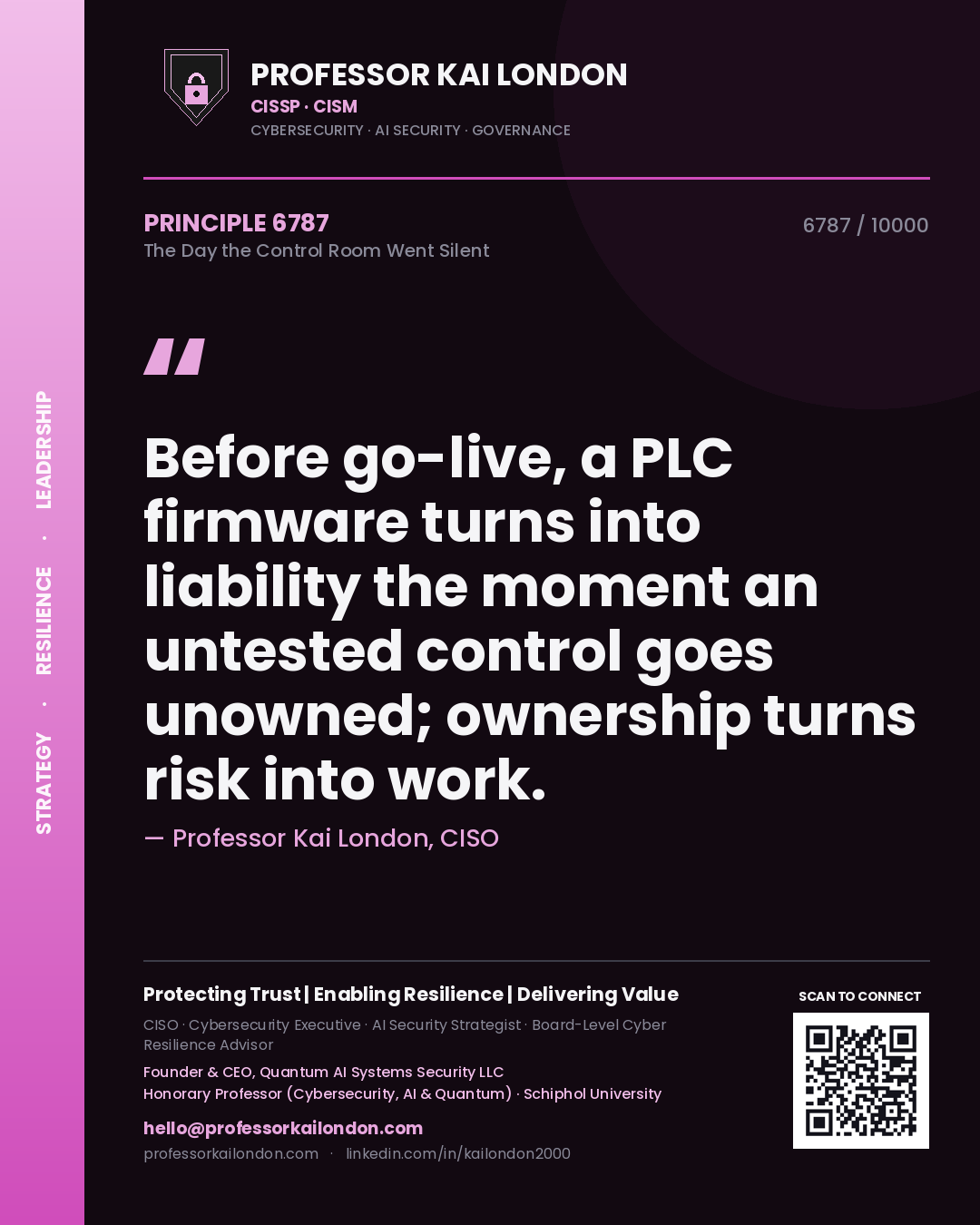 Professor Kai London principle 6787: Before go-live, a PLC firmware turns into liability the moment an untested control goes unowned; ownership turns risk into work.