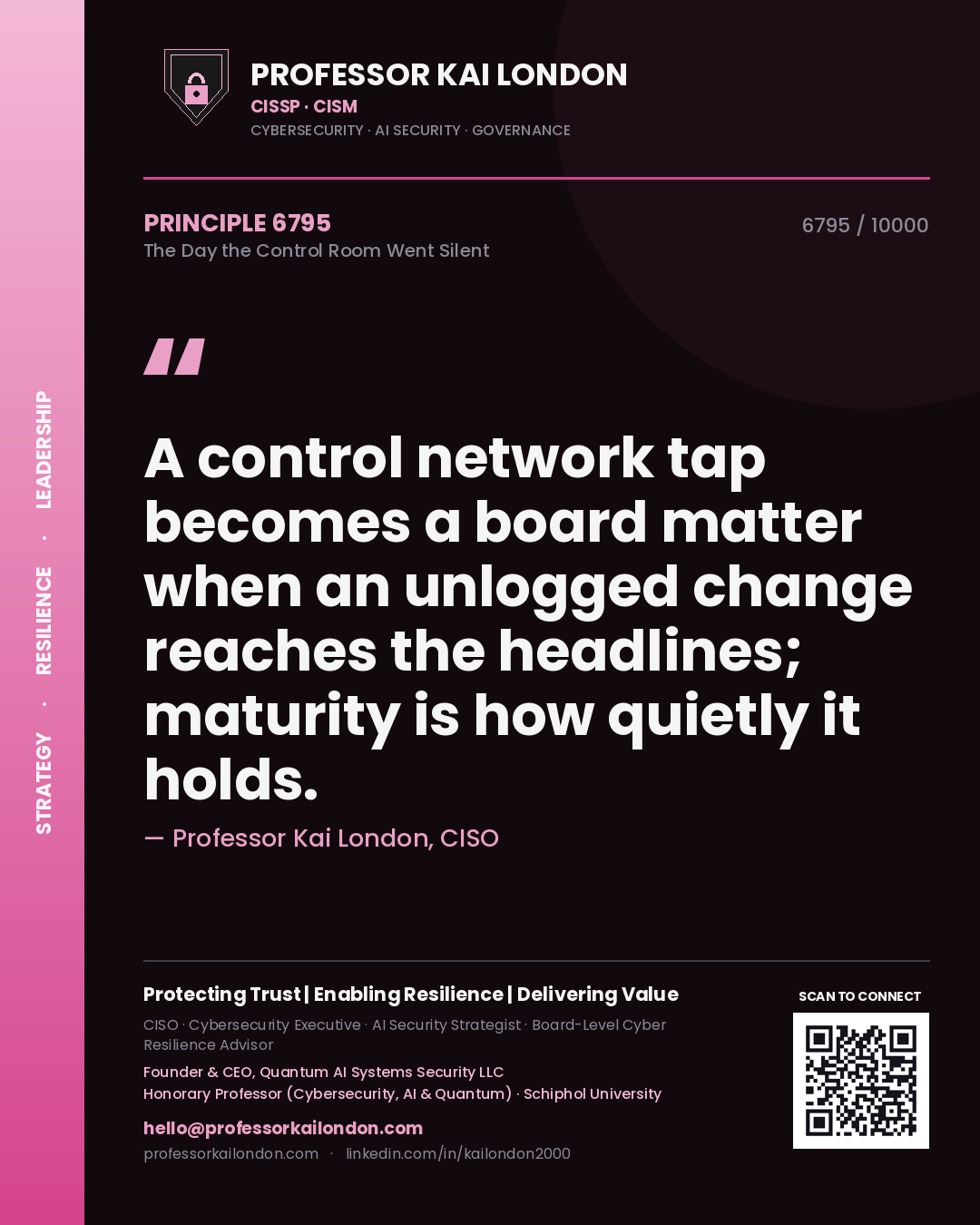 Professor Kai London principle 6795: A control network tap becomes a board matter when an unlogged change reaches the headlines; maturity is how quietly it holds.