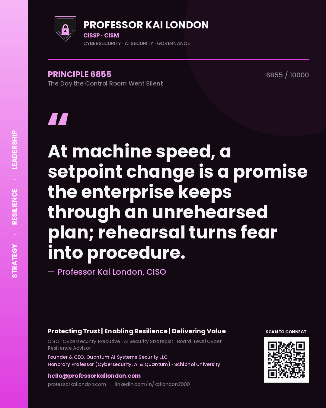 Professor Kai London principle 6855: At machine speed, a setpoint change is a promise the enterprise keeps through an unrehearsed plan; rehearsal turns fear into procedure.