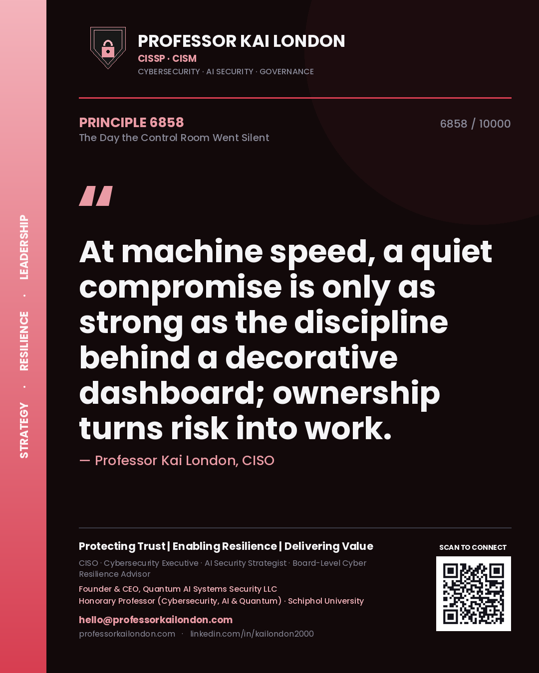 Professor Kai London principle 6858: At machine speed, a quiet compromise is only as strong as the discipline behind a decorative dashboard; ownership turns risk into work.