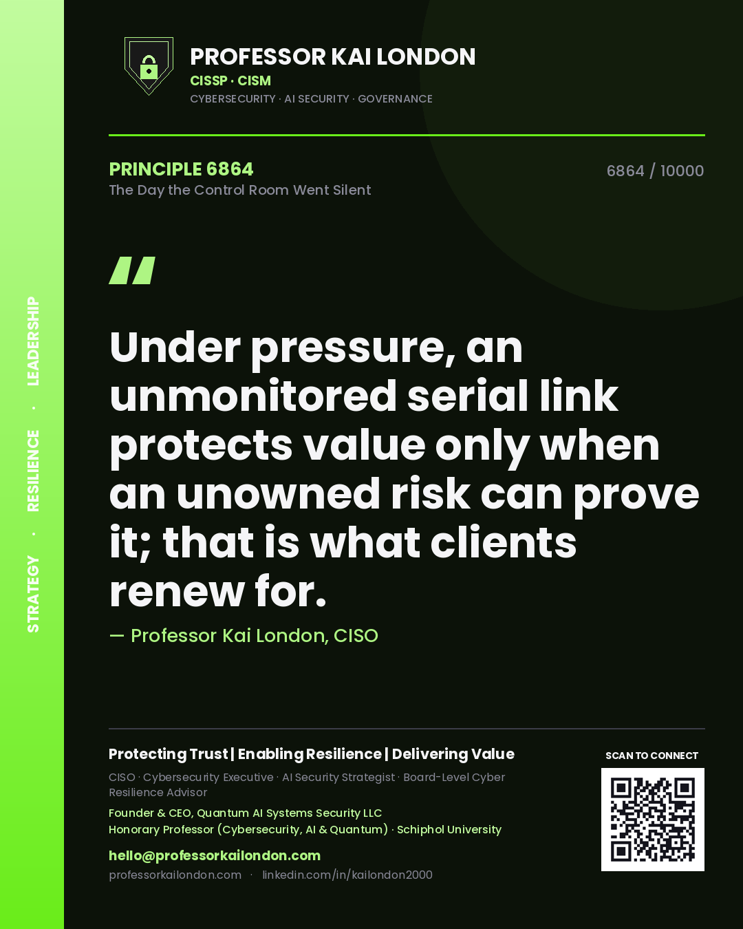 Professor Kai London principle 6864: Under pressure, an unmonitored serial link protects value only when an unowned risk can prove it; that is what clients renew for.