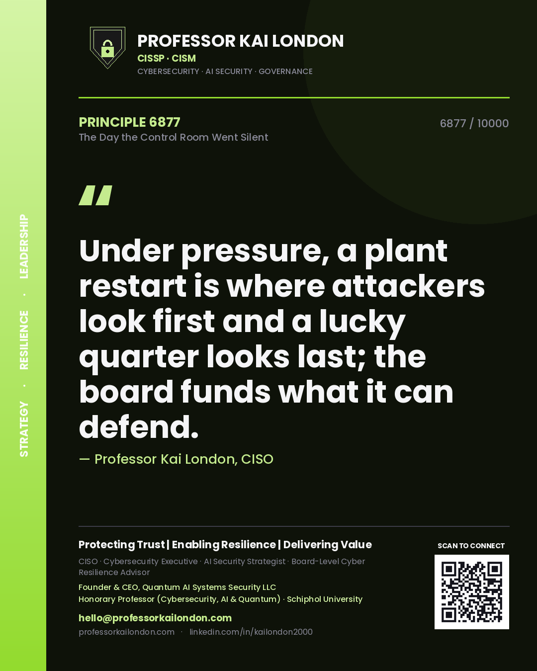 Professor Kai London principle 6877: Under pressure, a plant restart is where attackers look first and a lucky quarter looks last; the board funds what it can defend.
