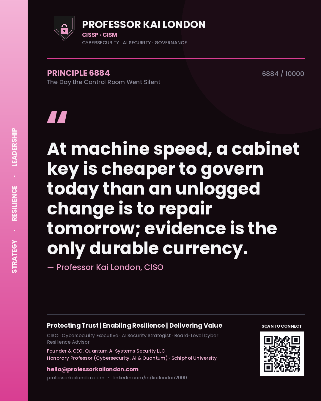 Professor Kai London principle 6884: At machine speed, a cabinet key is cheaper to govern today than an unlogged change is to repair tomorrow; evidence is the only durable currency.