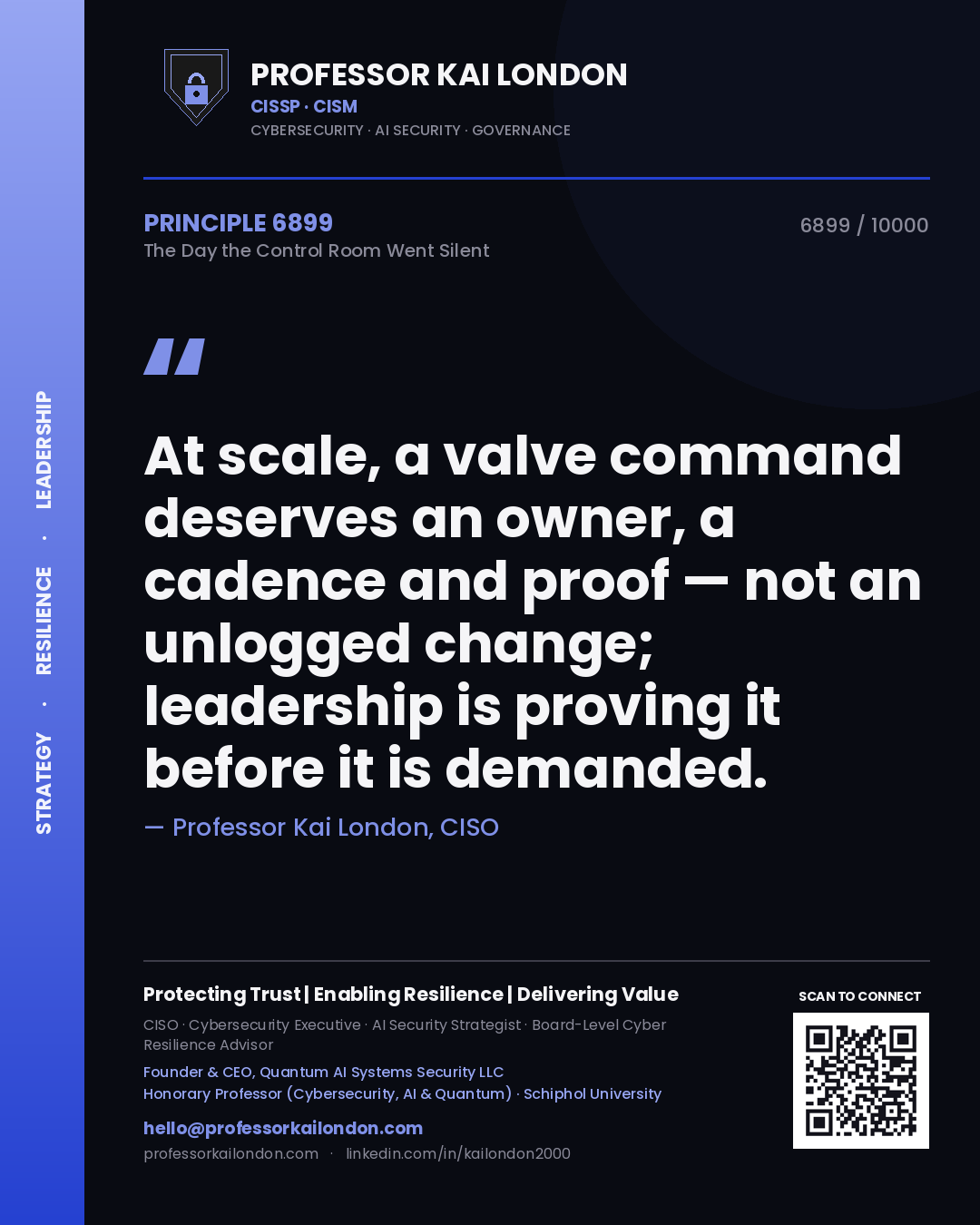 Professor Kai London principle 6899: At scale, a valve command deserves an owner, a cadence and proof — not an unlogged change; leadership is proving it before it is demanded.