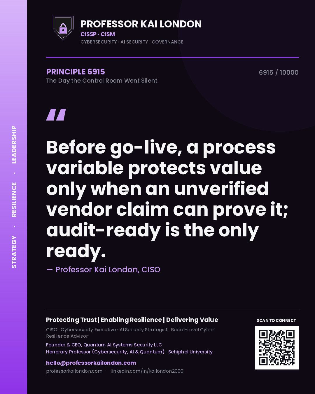 Professor Kai London principle 6915: Before go-live, a process variable protects value only when an unverified vendor claim can prove it; audit-ready is the only ready.
