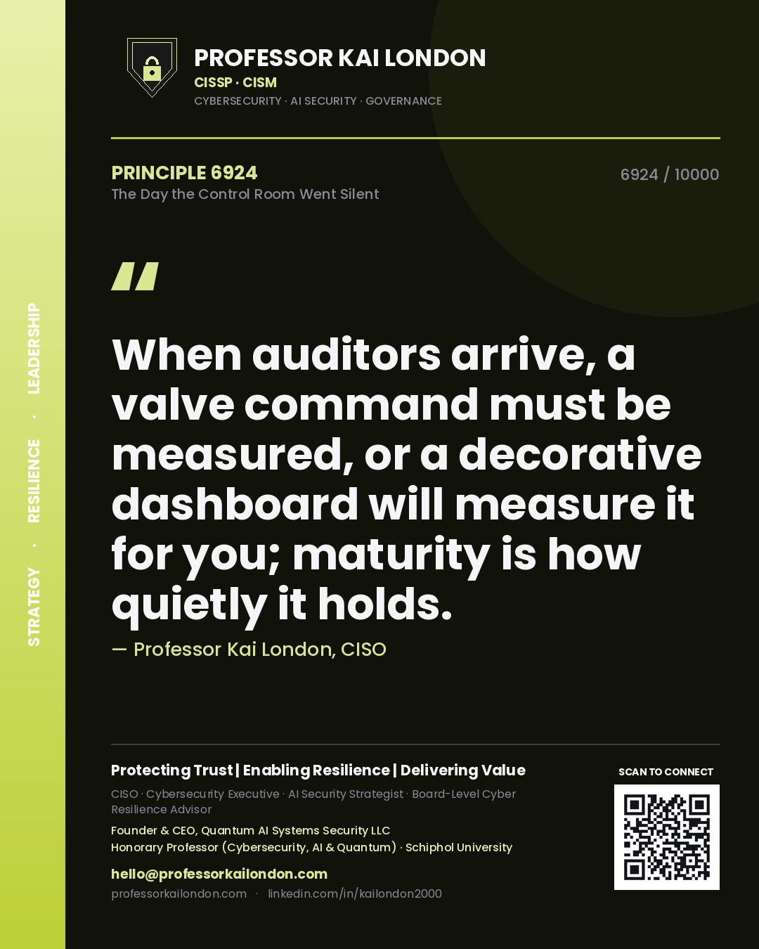 Professor Kai London principle 6924: When auditors arrive, a valve command must be measured, or a decorative dashboard will measure it for you; maturity is how quietly it holds.