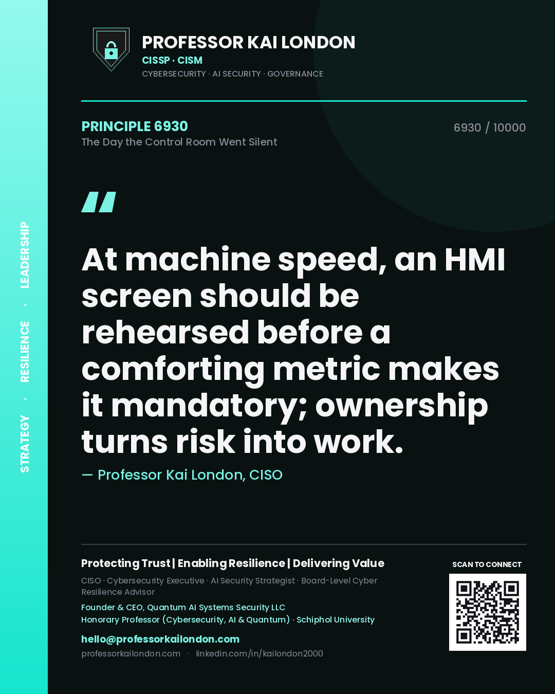 Professor Kai London principle 6930: At machine speed, an HMI screen should be rehearsed before a comforting metric makes it mandatory; ownership turns risk into work.