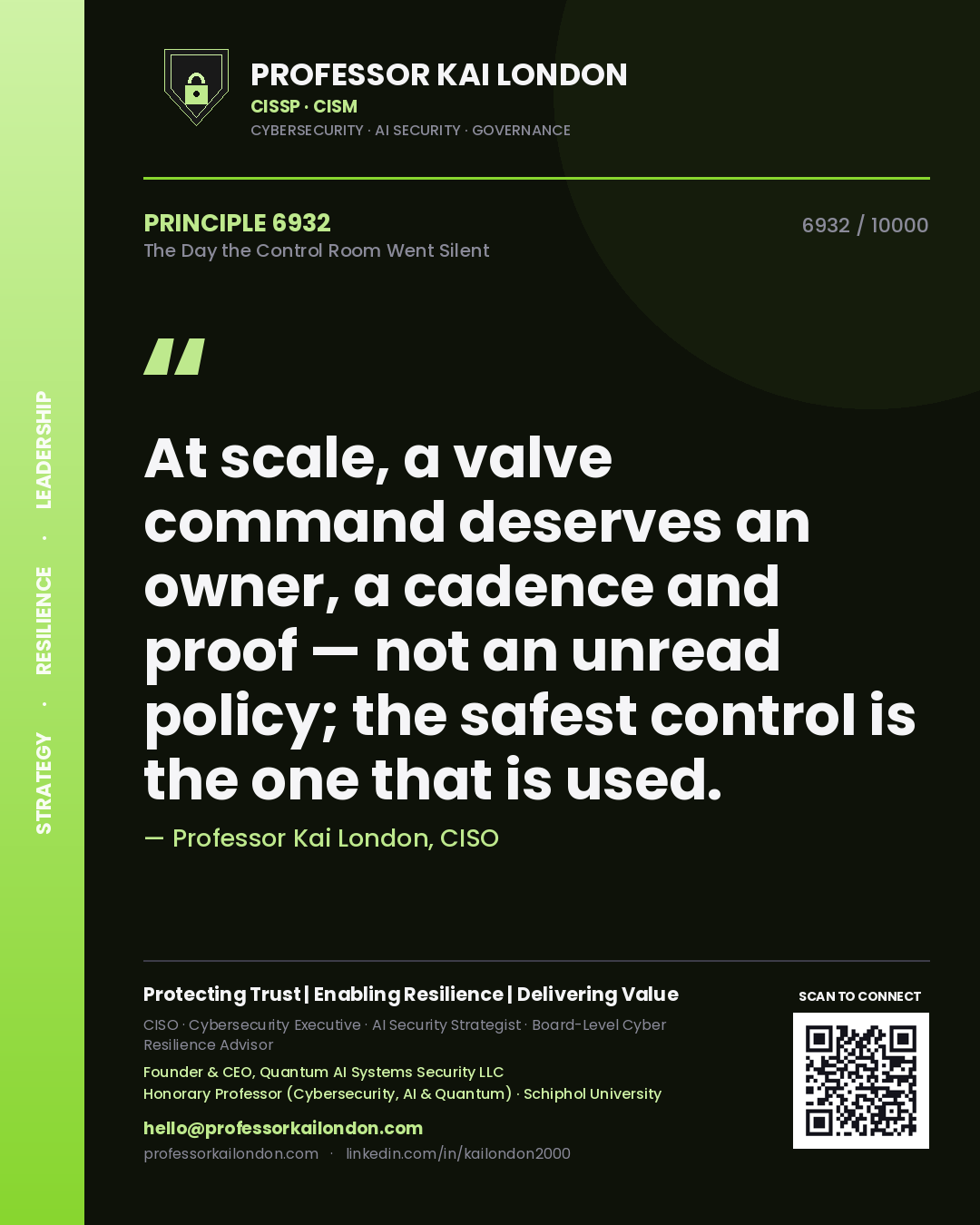 Professor Kai London principle 6932: At scale, a valve command deserves an owner, a cadence and proof — not an unread policy; the safest control is the one that is used.
