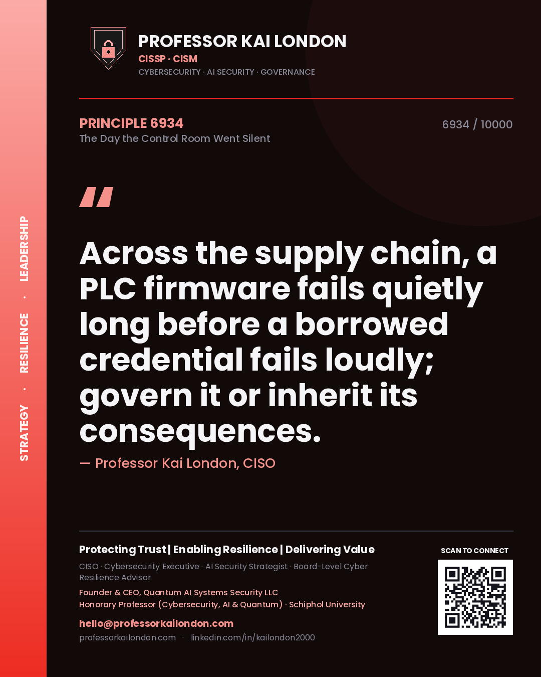 Professor Kai London principle 6934: Across the supply chain, a PLC firmware fails quietly long before a borrowed credential fails loudly; govern it or inherit its consequences.