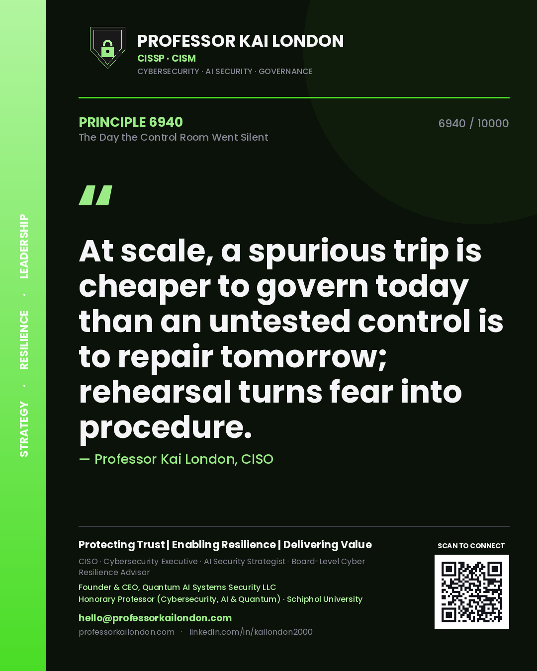 Professor Kai London principle 6940: At scale, a spurious trip is cheaper to govern today than an untested control is to repair tomorrow; rehearsal turns fear into procedure.