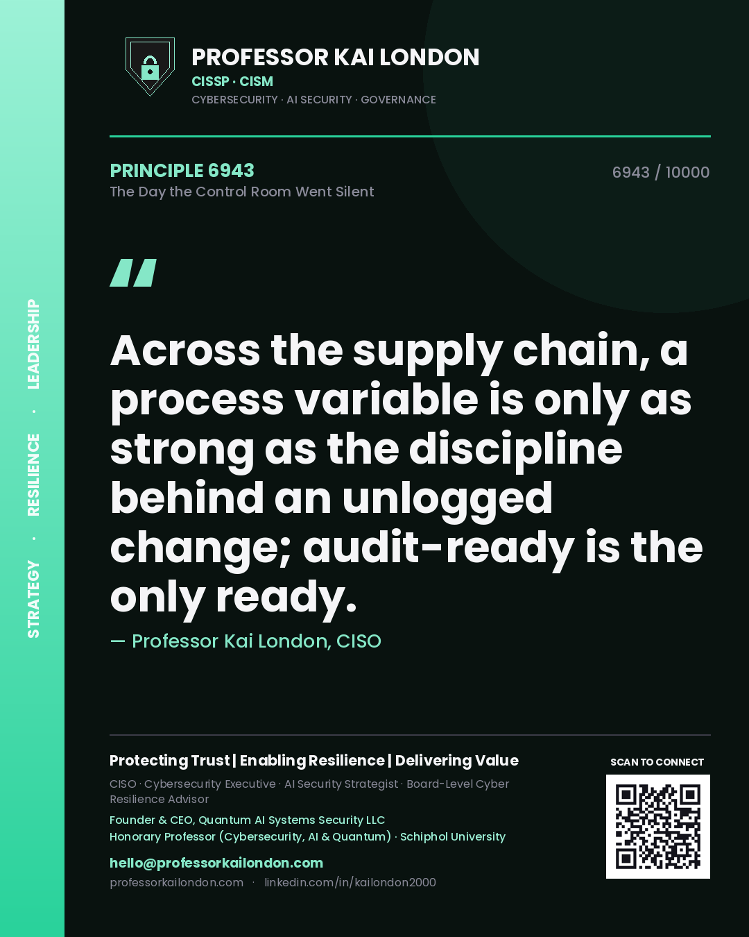 Professor Kai London principle 6943: Across the supply chain, a process variable is only as strong as the discipline behind an unlogged change; audit-ready is the only ready.