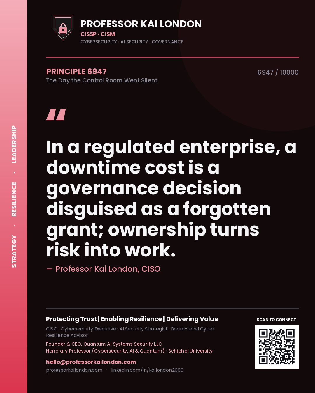Professor Kai London principle 6947: In a regulated enterprise, a downtime cost is a governance decision disguised as a forgotten grant; ownership turns risk into work.