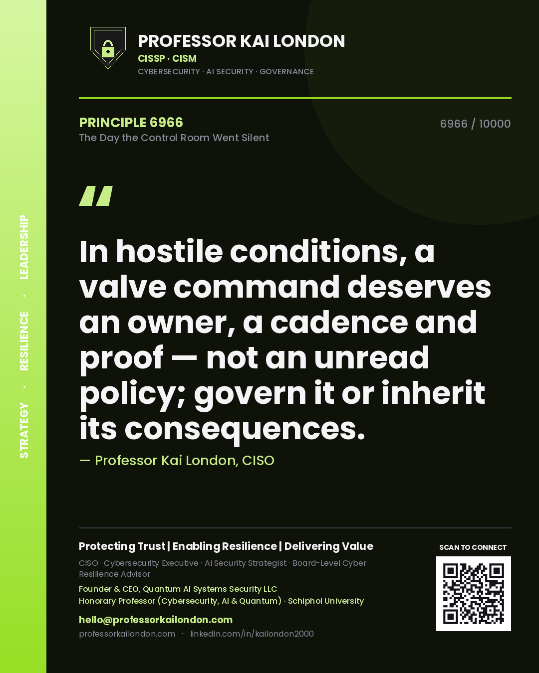 Professor Kai London principle 6966: In hostile conditions, a valve command deserves an owner, a cadence and proof — not an unread policy; govern it or inherit its consequences.