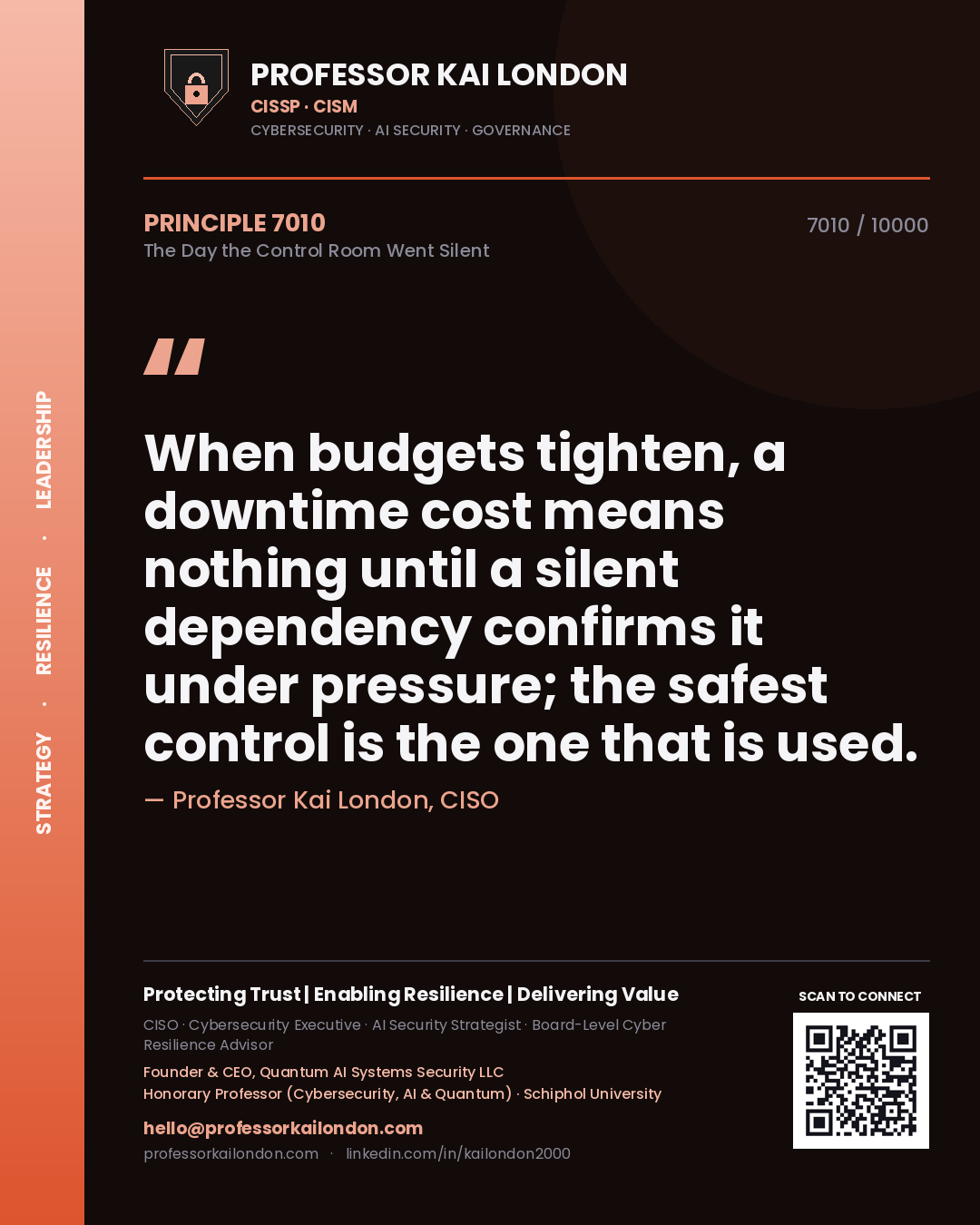 Professor Kai London principle 7010: When budgets tighten, a downtime cost means nothing until a silent dependency confirms it under pressure; the safest control is the one that is used.