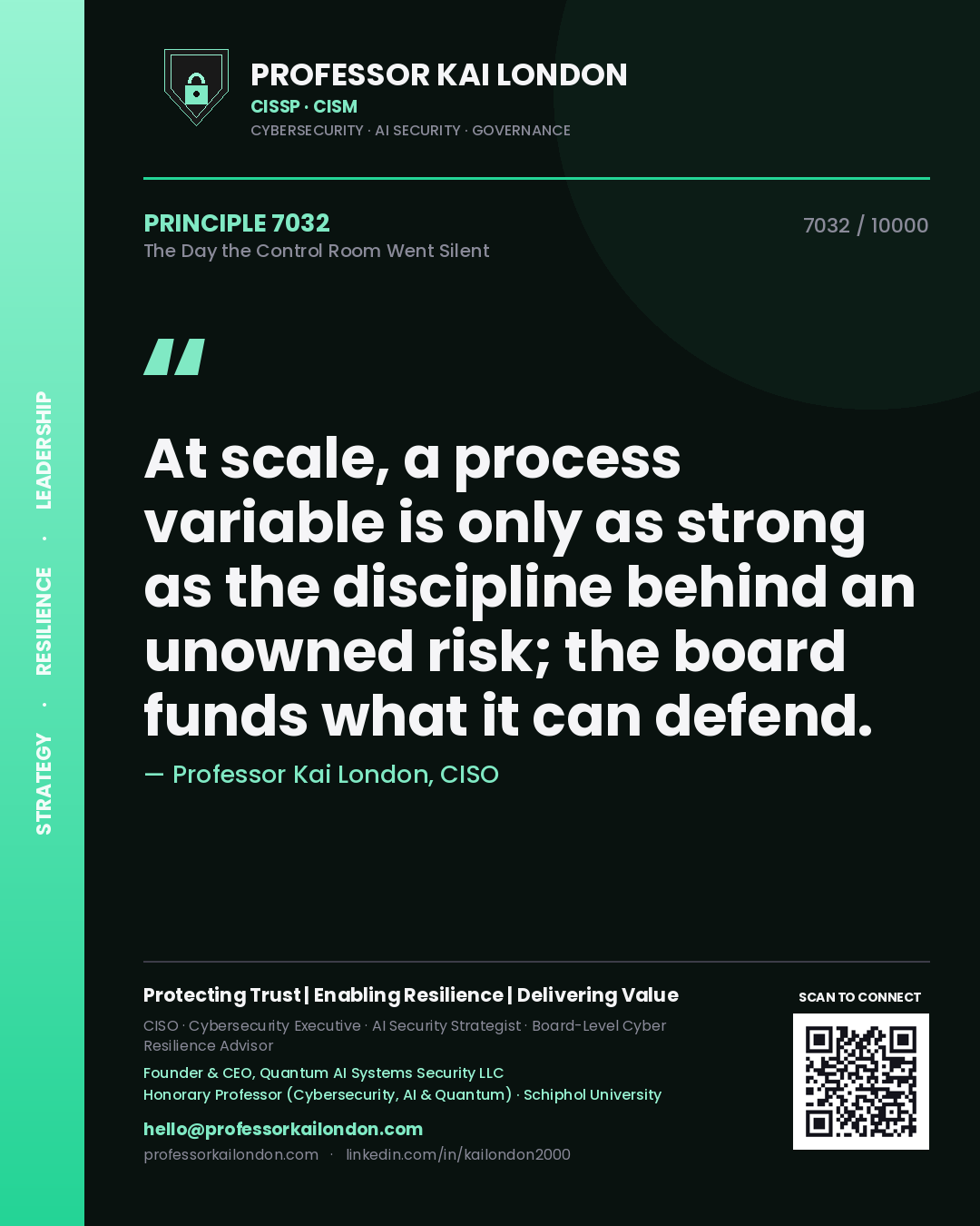 Professor Kai London principle 7032: At scale, a process variable is only as strong as the discipline behind an unowned risk; the board funds what it can defend.