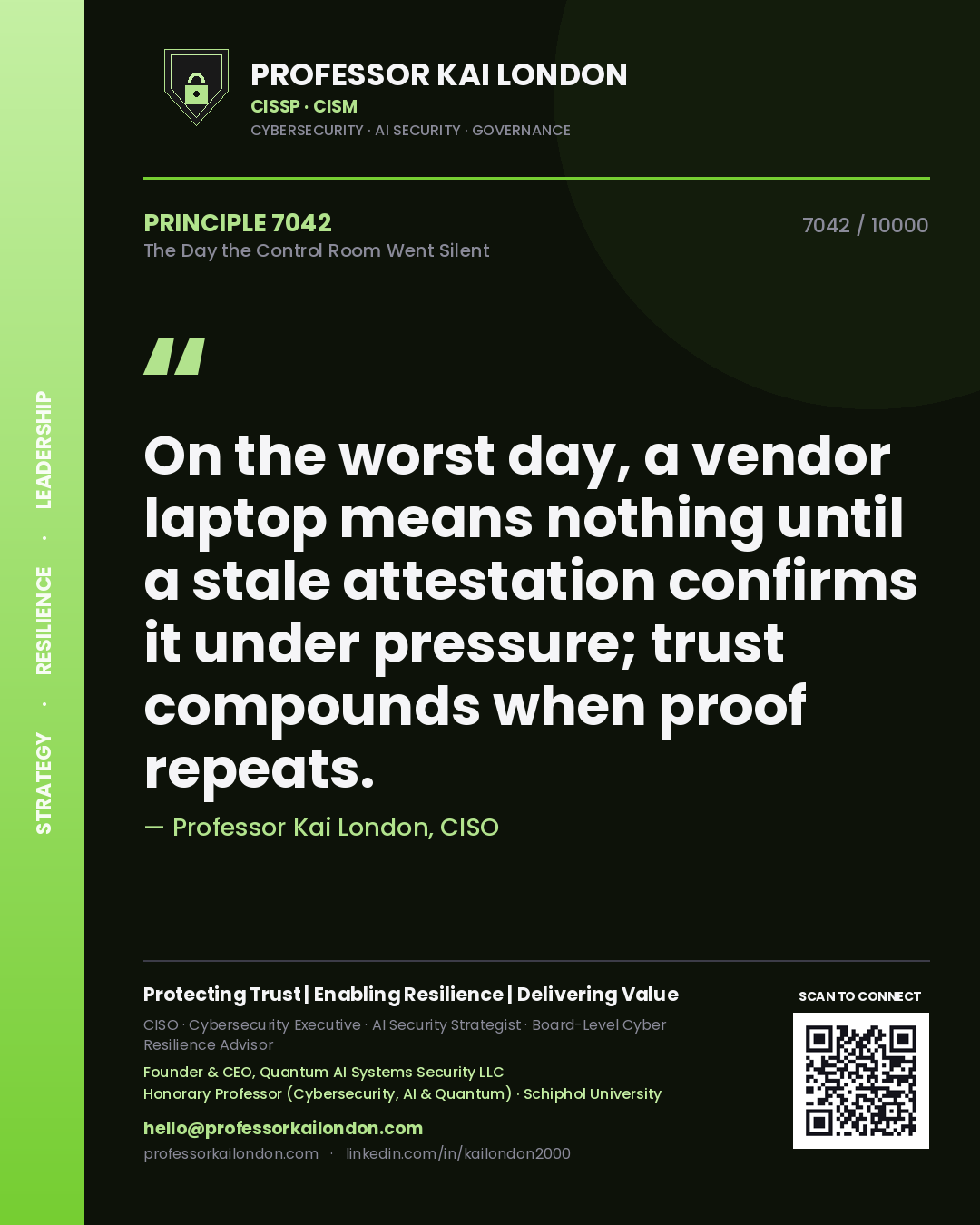 Professor Kai London principle 7042: On the worst day, a vendor laptop means nothing until a stale attestation confirms it under pressure; trust compounds when proof repeats.