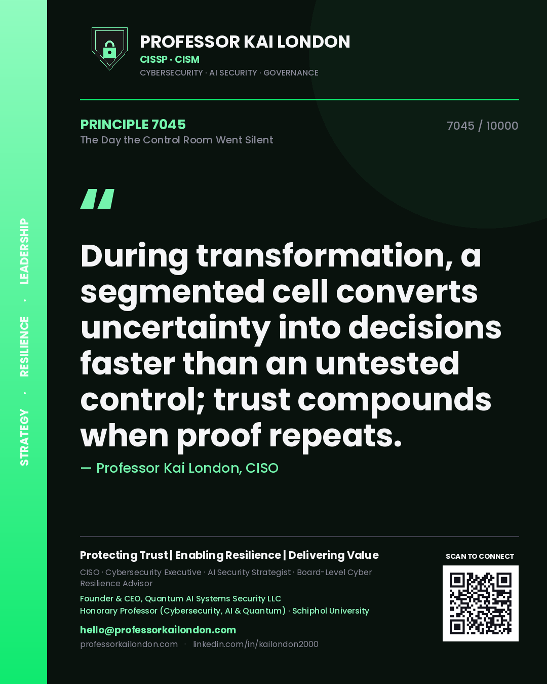 Professor Kai London principle 7045: During transformation, a segmented cell converts uncertainty into decisions faster than an untested control; trust compounds when proof repeats.