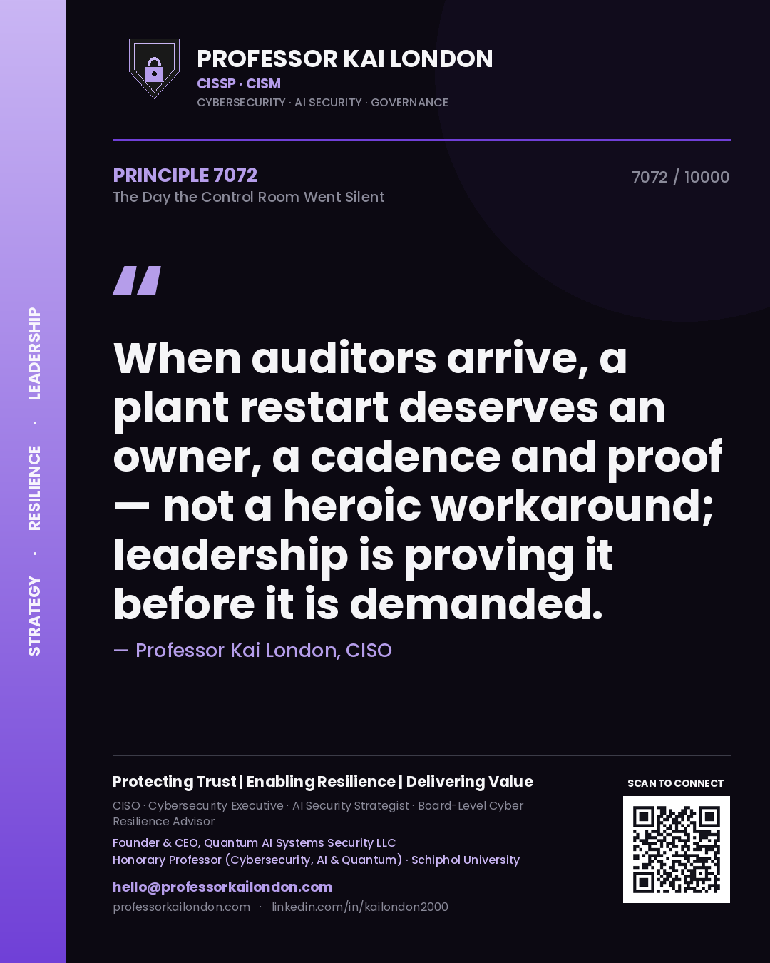 Professor Kai London principle 7072: When auditors arrive, a plant restart deserves an owner, a cadence and proof — not a heroic workaround; leadership is proving it before it is demanded.