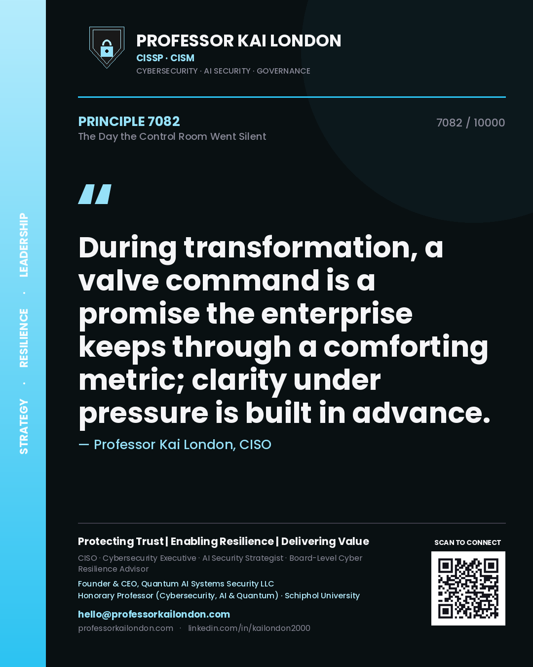 Professor Kai London principle 7082: During transformation, a valve command is a promise the enterprise keeps through a comforting metric; clarity under pressure is built in advance.